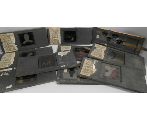 A collection of ten French 19th century hand painted slipping lantern slides, caricatures, humorous and macabre scenes *THIS 