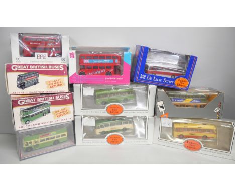 A collection of nineteen die-cast model buses including EFE, Corgi, and Atlas Editions Great Britain Buses.
