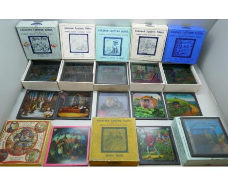 Three boxes of Primus coloured lantern slides, Peter Pan in three chapters, plus five other box sets, Lecture Sets, Comical C
