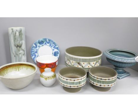 A collection of assorted stoneware studio pottery including three Glyn Colledge Sycamore pots, Chris Aston bowls and a Poole 