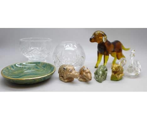 Four Wade Whimsies, faceted glass swan, Jersey agateware dish, a glass dog and two glass trinket pots, (one glass pot and one