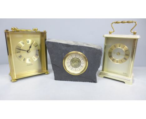 Two carriage clocks and a stone mounted clock, all German made