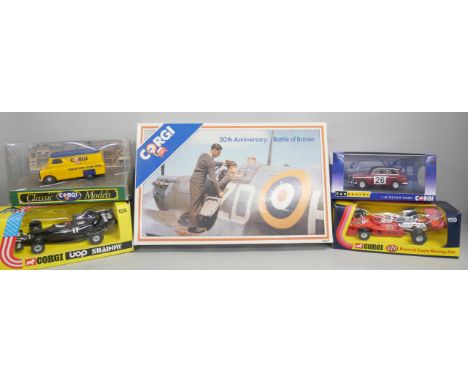 Seven Corgi vehicles to include 50th Anniversary Battle of Britain field vehicles, Morris Minor Van, Coca-Cola Die-Cast model