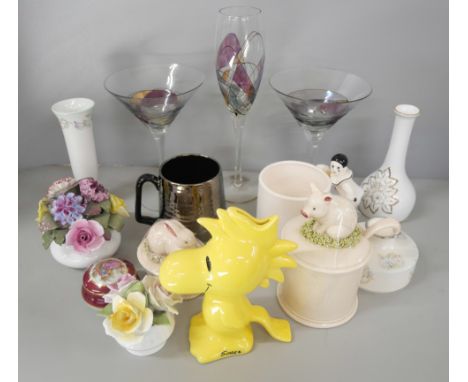 A collection of porcelain, china and glass includes Crown Staffordshire, Royal Worcester, Saddler and a money box. Also to in