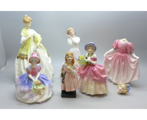 A Royal Worcester figure, First Dance, and five Royal Doulton figures of ladies