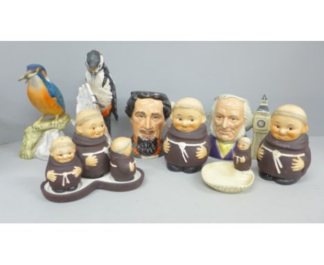 A Goebel model woodpecker, a Spode kingfisher, Goebel monk cruets and two Royal Doulton character mugs, Charles Dickens and J