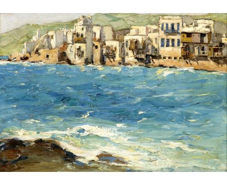 Vassilis Germenis (Greek, 1896-1966)Vue d'Alefkandra, Mykonos signé en grec (en bas à gauche)huile sur panneau32 x 46cm (12 5