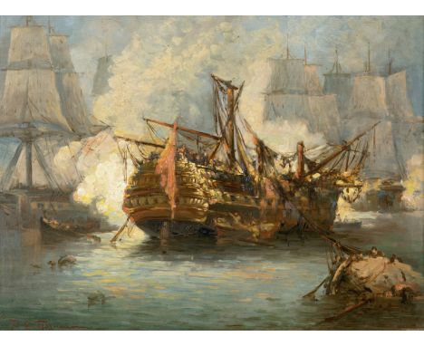 Spiridon Pelecassis (Greek, 1843-1916)Le vaisseau amiral de Kodrington lors de la bataille navale de Navarin signé en grec (e