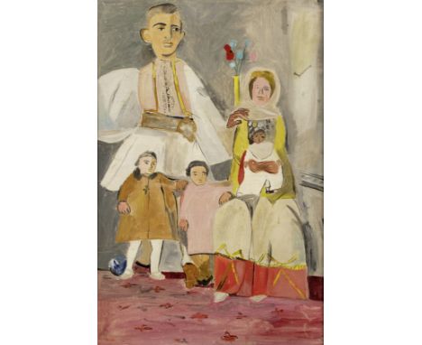 Yiannis Tsarouchis (Greek, 1910-1989)Evzone et famille signé en grec et daté '36' (en haut à gauche)technique mixte sur toile