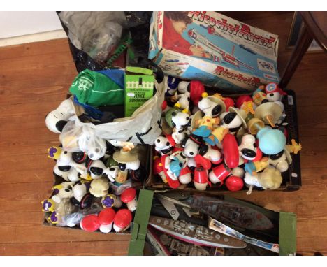 Two cartons of Snoopy figures, a boxed Ricochet Racers game, a carton of assembled Airfix and other model boats and planes, a