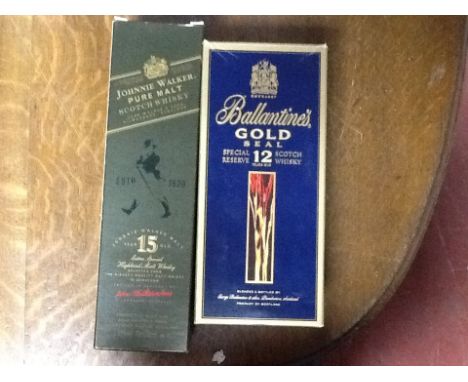 Johnnie Walker pure malt scotch whiskey fifteen years old and Ballantines gold seal scotch whiskey twelve years old.