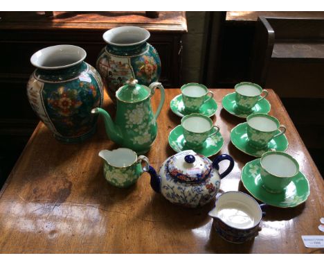 Lot to include a Nortitake coffee set, a pair of Chinese vases and an oriental ceramic teapot and pair of shallow mugs.