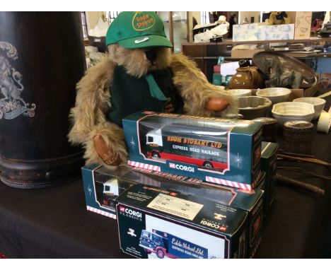 Four Corgi Eddie Stobart trucks along with Eddie Stobart teddy bear.