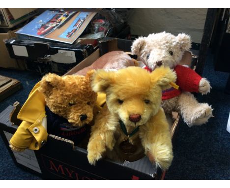 A box of soft toys including Steiff 2001 teddy bear, two lifeboat teddy bears etc.