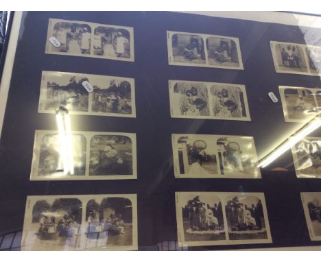 A framed and glazed series of postcard images depicting ethnographic scenes.