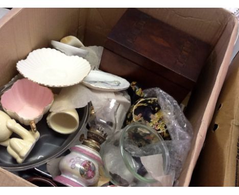 Three boxes of various items including a gas lamp, assorted ceramicsware, a wooden inlay box, mirrors, metalware, etc.
