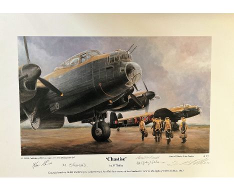 WW2 JP Tibbles Multi Signed Colour 23x16. 5 Overall size. Print Titled 'Chastise' Limited Edition of 617. Signatures include 
