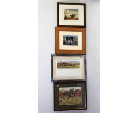 Fourteen small pictures depicting foxhunting, horse racing, dogs etc.