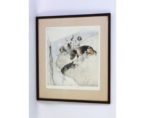 George Vernon Stokes (1873-1954), a signed limited edition colour etching, foxhounds and terrier on cliff 59/75, 31 x 28 cm, 