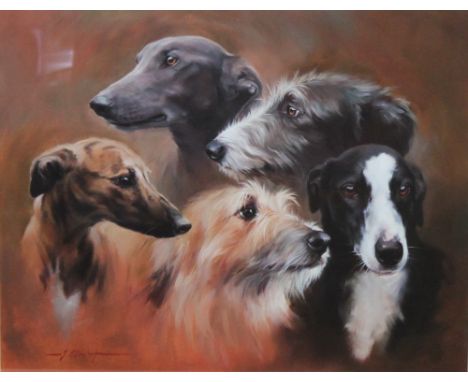 Jacqueline Stanhope, a signed limited edition print of Lurchers 98/500, 40 x 50 cm framed and mounted.