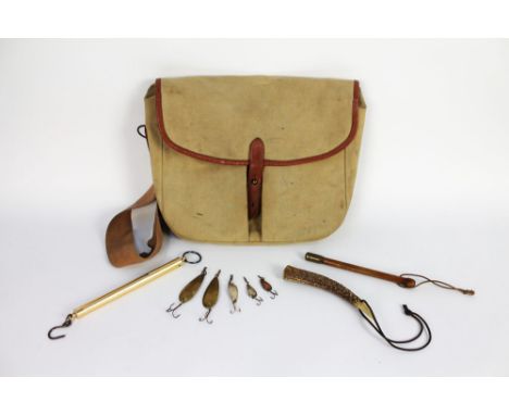 A Hardy canvas and leather trimmed fishing bag, together with GP Graham & Son of Cockermouth fishing spoons ranging in Sizes 