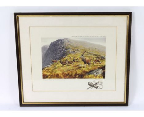 Roger Mcphail a signed limited edition print with watercolour vignette of a thistle topped walking stick and telescope case, 