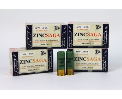 Forty Saga zinc 12 bore shotgun cartridges, 70 mm 28 gram shot size 4.  SHOTGUN CERTIFICATE REQUIRED.  WE CANNOT POST AMMUNIT