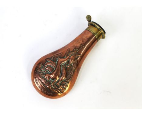 James Dixon & Sons Sheffield a copper powder flask, with embossed hanging game, marked to the body James Dixon & Sons.  Lengt