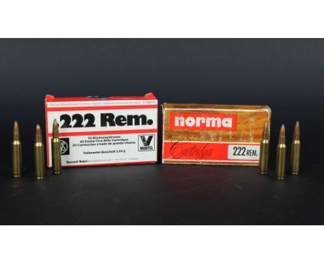 Twenty two cal 222 Remington rifle cartridges, RWS and Norma.FIREARMS CERTIFICATE REQUIRED.  WE CANNOT POST AMMUNITION.