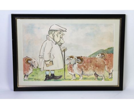 Wilk - John William Wilkinson (1906-1994), a watercolour cartoon depicting Joss Richardson a Blencathra hunt follower standin