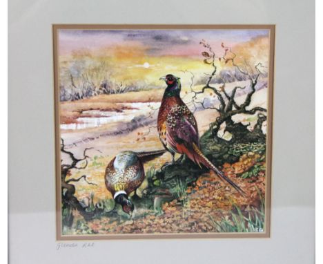 Glenda Ray, a print signed to the mount a pair of Cock Pheasants.  19 x 19 cm, framed and mounted.