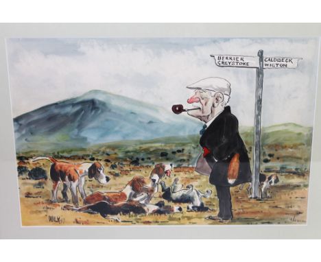 Wilk - John William Wilkinson (1906-1994), a watercolour cartoon depicting a gentleman from the Mungrisdale area with foxhoun