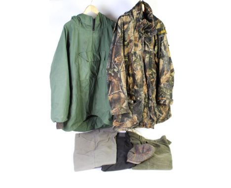 A Clyde Valley camouflage shooting jacket size XL, together with a smock, three pairs of moleskin trousers, grey pair size 42