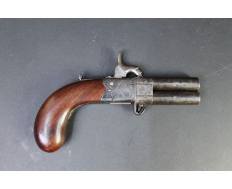 Boston of Wakefield a double barrelled over/under percussion pocket pistol, with 2 1/2" barrels, dolphin engraved hammer mark