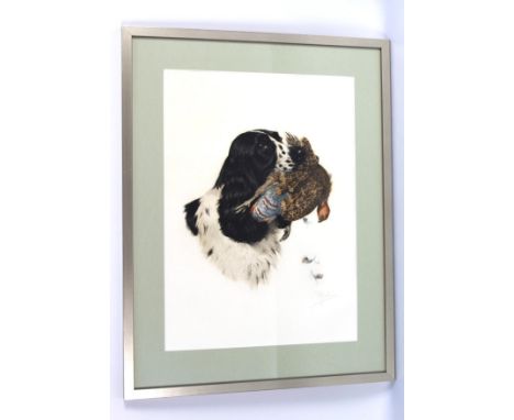 Boris Riab (1898-1975), a signed print "Springer Spaniel with English Grey Partridge", 47 x 34 cm, framed and mounted.