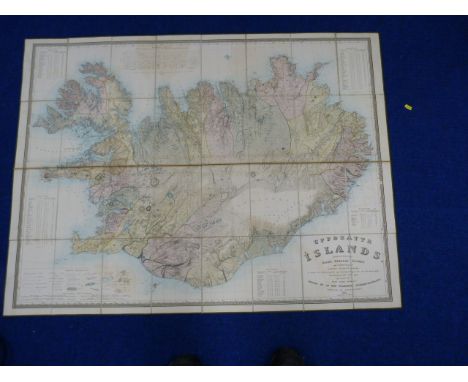 OLSENS O. N.  Uppdrattr Islands. Hand col. eng. fldg. linen map of Iceland. 35" x 46". Reykjavik, F. C. Holm, 1844. Condition