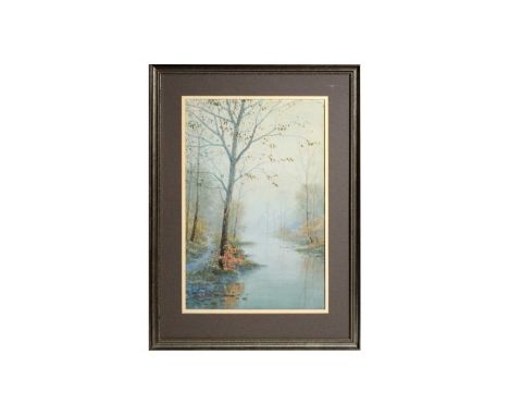 K* B* Takata (Japanese, 20th Century)Misty Morning,signed,Ukiyo-e watercolour, 47.5 x 31cms, framed. 