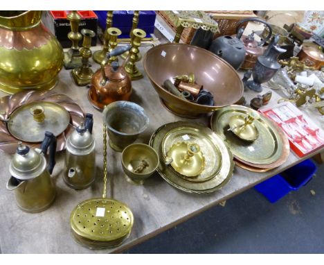 BRASS AND COPPER WARES, KITCHEN SCALES, BRASS AND GLASS LIGHTING, AN IRON TRIVET AND ELECTROPLATE