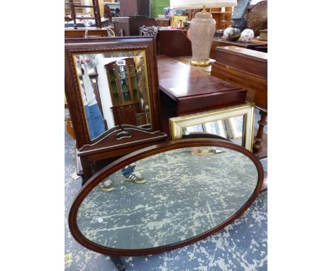 A LARGE EDWARDIAN INLAID OVAL MIRROR AND VARIOUS OTHERS. 