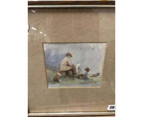 19/20th. C.  ENGLISH SCHOOL A PAINTER WITH HIS DOGS TOGETHER WITH OTHER PICTURES AND PAINTINGS AND A NEEDLEWORK PANEL. (5)