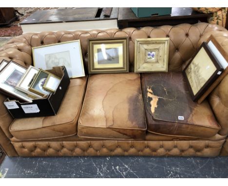 A CHESTERFIELD SOFA BUTTON UPHOLSTERED IN BROWN LEATHER.   W 187cms.