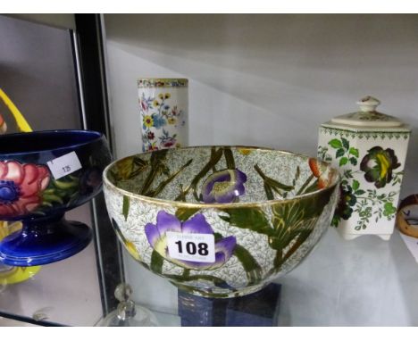 A MOORCROFT  BLUE GROUND FLORAL FOOTED BOWL, A MASONS COVER JAR, A COALPORT CYLINDRICAL VASE AND ANOTHER BOWL