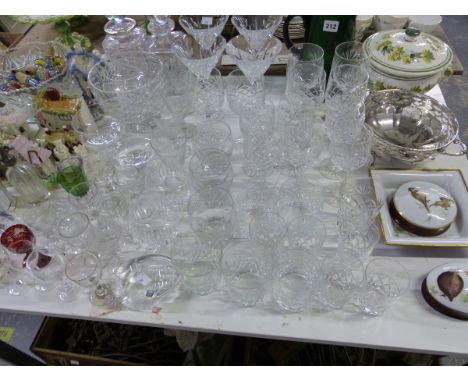 DRINKING GLASS, MILLEFIORE BOTTLE STOPPERS, STAFFORDSHIRE COTTAGES TOGETHER WITH ROYAL SOUVENIR MUGS AND PATCH BOXES