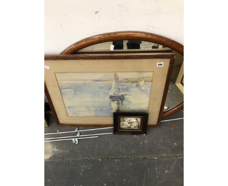 D. VAUGHAN EARLY 20th C. SCHOOL SAILBOATS SIGNED WATERCOLOUR 33 x 52cms. TOGETHER WITH A VINTAGE OVAL BEVEL MIRROR AND A SMAL