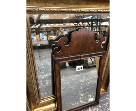 A GEORGIAN WALNUT FRET CUT SMALL MIRROR, TOGETHER WITH ANOTHER INLAID MAHOGANY MIRROR AND A LATER BEVELLED EDGE GILT FRAMED M