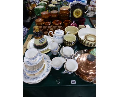 A VICTORIAN SLATE MANTLE CLOCK, HORNSEA STORAGE JARS, ART POTTERIES AND BLUE AND WHITE COLCLOUGH TEA SERVICE