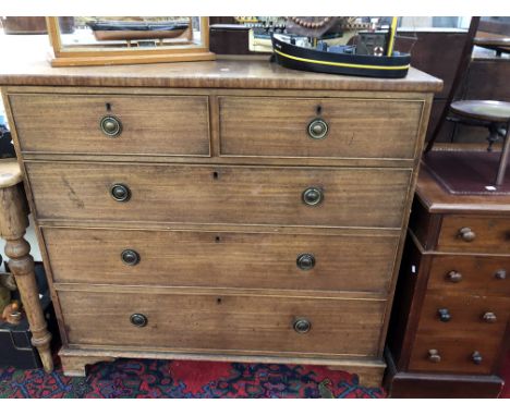 A 19th C. MAHOGANY CHEST OF TWO SHORT AND THREE LONG DRAWERS ON BRACKET FEET.   W 110 x D 53 x H 102cms.