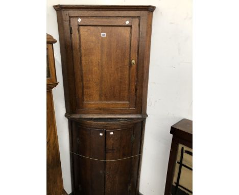 A  GEORGE III OAK BOW FRONT CORNER CUPBOARD TOGETHER WITH ANOTHER FLAT FRONTED