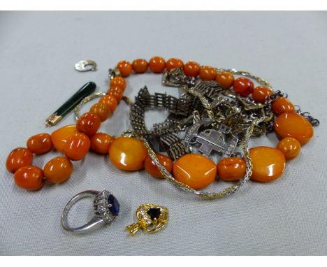 A JADE DROPPER WITH GOLD CAP, A ROW OF ORANGE BEADS, VARIOUS ITEMS OF SILVER ETC.