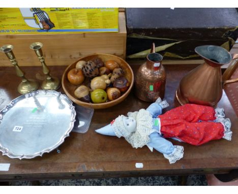 VARIOUS TURNED WOOD ORNAMENTAL FRUITS, A SILVER PLATED TRAY, COPPER WARES ETC.